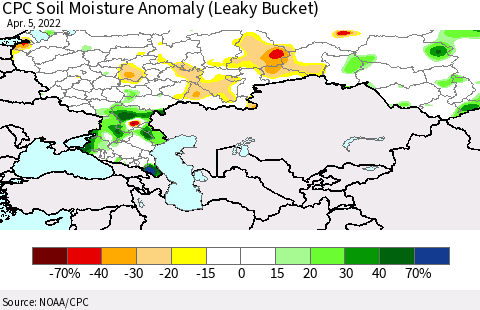 Russian Federation CPC Soil Moisture Anomaly (Leaky Bucket) Thematic Map For 4/1/2022 - 4/5/2022