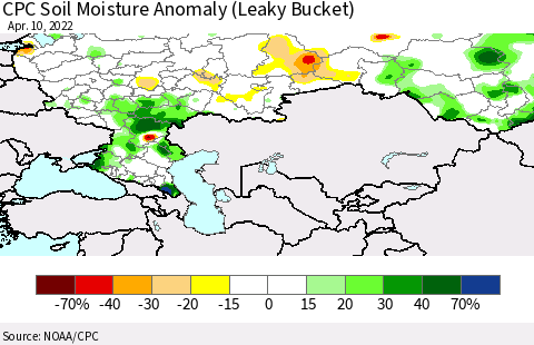 Russian Federation CPC Soil Moisture Anomaly (Leaky Bucket) Thematic Map For 4/6/2022 - 4/10/2022
