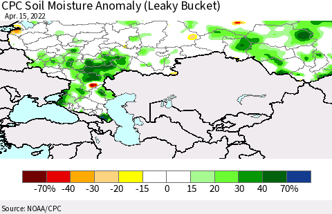 Russian Federation CPC Soil Moisture Anomaly (Leaky Bucket) Thematic Map For 4/11/2022 - 4/15/2022
