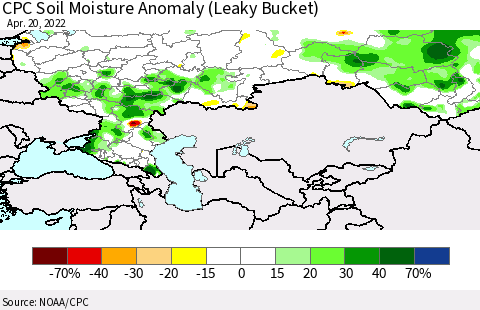 Russian Federation CPC Soil Moisture Anomaly (Leaky Bucket) Thematic Map For 4/16/2022 - 4/20/2022
