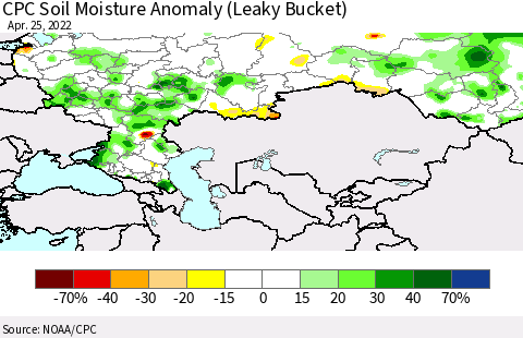 Russian Federation CPC Soil Moisture Anomaly (Leaky Bucket) Thematic Map For 4/21/2022 - 4/25/2022