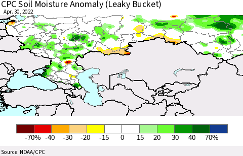 Russian Federation CPC Soil Moisture Anomaly (Leaky Bucket) Thematic Map For 4/26/2022 - 4/30/2022