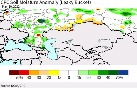 Russian Federation CPC Soil Moisture Anomaly (Leaky Bucket) Thematic Map For 5/6/2022 - 5/10/2022