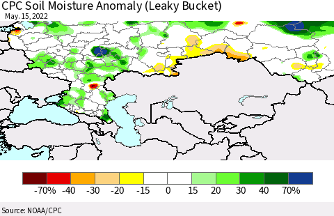 Russian Federation CPC Soil Moisture Anomaly (Leaky Bucket) Thematic Map For 5/11/2022 - 5/15/2022