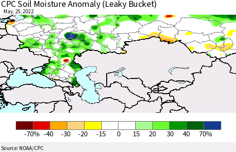 Russian Federation CPC Soil Moisture Anomaly (Leaky Bucket) Thematic Map For 5/21/2022 - 5/25/2022