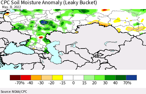 Russian Federation CPC Soil Moisture Anomaly (Leaky Bucket) Thematic Map For 5/26/2022 - 5/31/2022