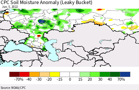 Russian Federation CPC Soil Moisture Anomaly (Leaky Bucket) Thematic Map For 6/1/2022 - 6/5/2022