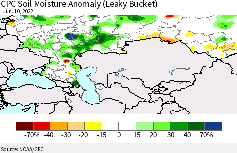 Russian Federation CPC Soil Moisture Anomaly (Leaky Bucket) Thematic Map For 6/6/2022 - 6/10/2022
