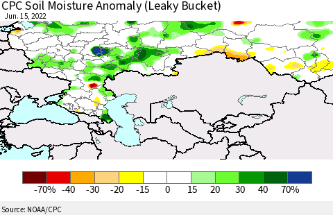 Russian Federation CPC Soil Moisture Anomaly (Leaky Bucket) Thematic Map For 6/11/2022 - 6/15/2022