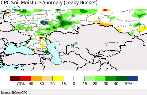 Russian Federation CPC Soil Moisture Anomaly (Leaky Bucket) Thematic Map For 6/16/2022 - 6/20/2022