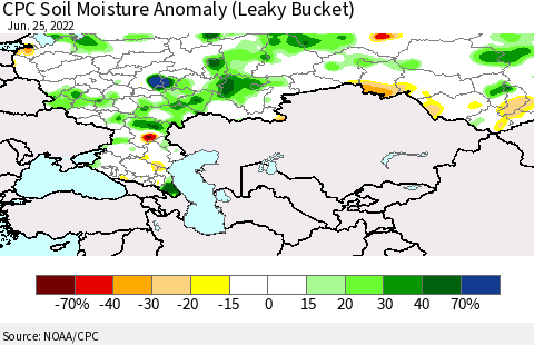Russian Federation CPC Soil Moisture Anomaly (Leaky Bucket) Thematic Map For 6/21/2022 - 6/25/2022
