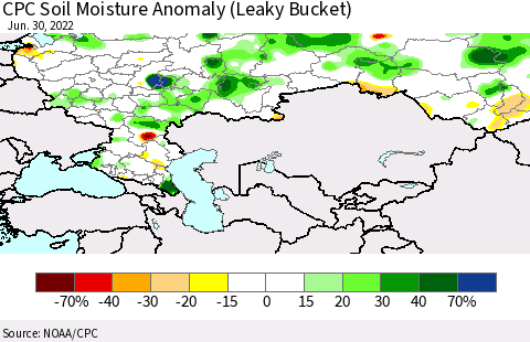 Russian Federation CPC Soil Moisture Anomaly (Leaky Bucket) Thematic Map For 6/26/2022 - 6/30/2022