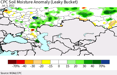 Russian Federation CPC Soil Moisture Anomaly (Leaky Bucket) Thematic Map For 7/1/2022 - 7/5/2022
