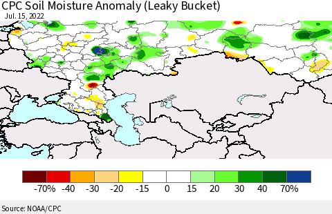Russian Federation CPC Soil Moisture Anomaly (Leaky Bucket) Thematic Map For 7/11/2022 - 7/15/2022