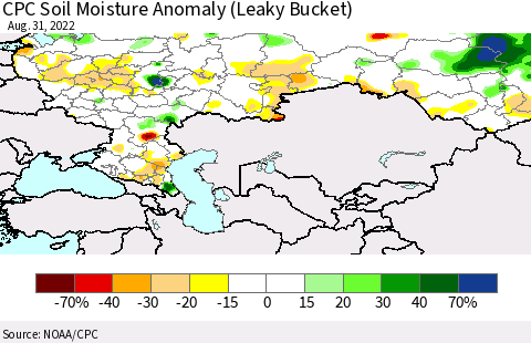 Russian Federation CPC Soil Moisture Anomaly (Leaky Bucket) Thematic Map For 8/26/2022 - 8/31/2022