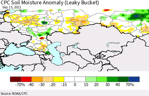 Russian Federation CPC Soil Moisture Anomaly (Leaky Bucket) Thematic Map For 9/11/2022 - 9/15/2022