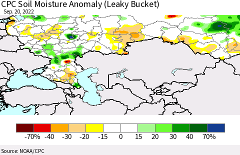Russian Federation CPC Soil Moisture Anomaly (Leaky Bucket) Thematic Map For 9/16/2022 - 9/20/2022