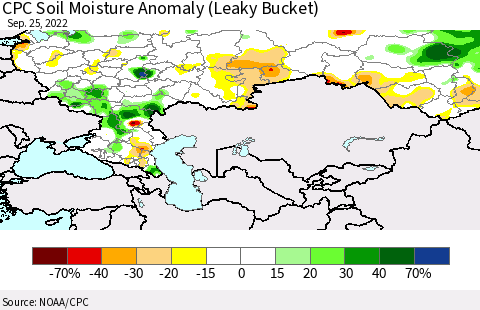Russian Federation CPC Soil Moisture Anomaly (Leaky Bucket) Thematic Map For 9/21/2022 - 9/25/2022
