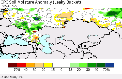 Russian Federation CPC Soil Moisture Anomaly (Leaky Bucket) Thematic Map For 9/26/2022 - 9/30/2022
