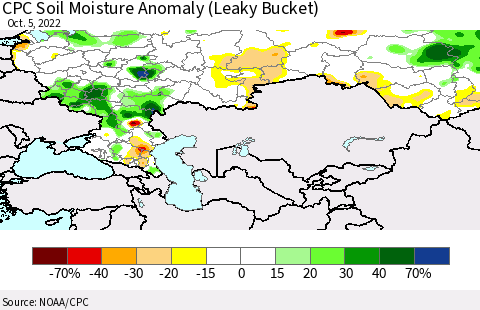 Russian Federation CPC Soil Moisture Anomaly (Leaky Bucket) Thematic Map For 10/1/2022 - 10/5/2022