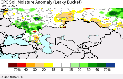 Russian Federation CPC Soil Moisture Anomaly (Leaky Bucket) Thematic Map For 10/11/2022 - 10/15/2022