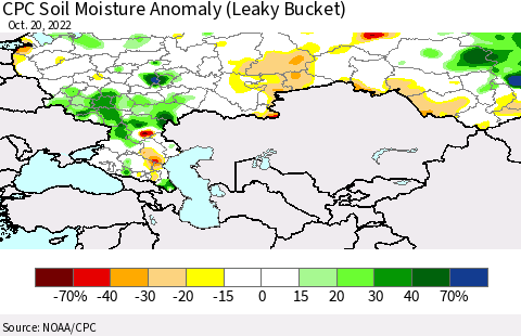 Russian Federation CPC Soil Moisture Anomaly (Leaky Bucket) Thematic Map For 10/16/2022 - 10/20/2022