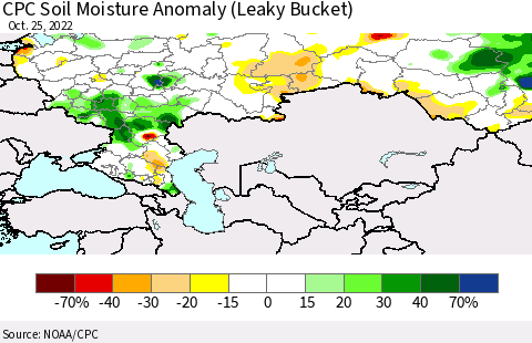 Russian Federation CPC Soil Moisture Anomaly (Leaky Bucket) Thematic Map For 10/21/2022 - 10/25/2022