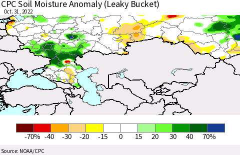 Russian Federation CPC Soil Moisture Anomaly (Leaky Bucket) Thematic Map For 10/26/2022 - 10/31/2022