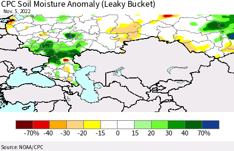 Russian Federation CPC Soil Moisture Anomaly (Leaky Bucket) Thematic Map For 11/1/2022 - 11/5/2022