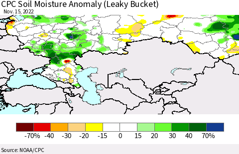 Russian Federation CPC Soil Moisture Anomaly (Leaky Bucket) Thematic Map For 11/11/2022 - 11/15/2022