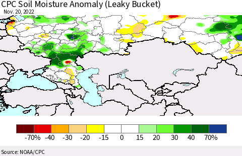 Russian Federation CPC Soil Moisture Anomaly (Leaky Bucket) Thematic Map For 11/16/2022 - 11/20/2022