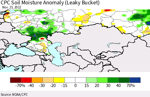 Russian Federation CPC Soil Moisture Anomaly (Leaky Bucket) Thematic Map For 11/21/2022 - 11/25/2022