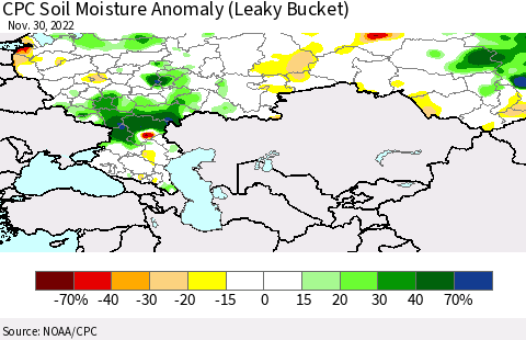 Russian Federation CPC Soil Moisture Anomaly (Leaky Bucket) Thematic Map For 11/26/2022 - 11/30/2022