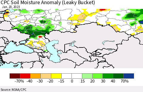 Russian Federation CPC Soil Moisture Anomaly (Leaky Bucket) Thematic Map For 1/16/2023 - 1/20/2023