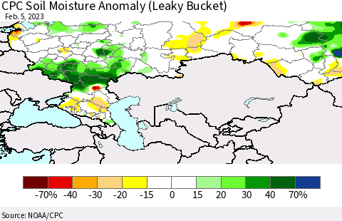 Russian Federation CPC Soil Moisture Anomaly (Leaky Bucket) Thematic Map For 2/1/2023 - 2/5/2023