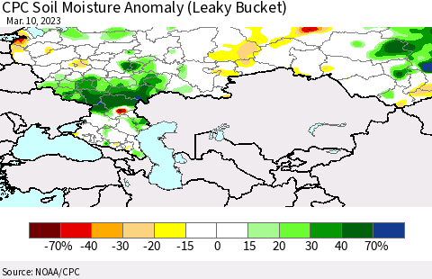 Russian Federation CPC Soil Moisture Anomaly (Leaky Bucket) Thematic Map For 3/6/2023 - 3/10/2023