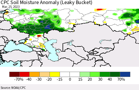 Russian Federation CPC Soil Moisture Anomaly (Leaky Bucket) Thematic Map For 3/21/2023 - 3/25/2023