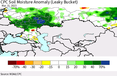 Russian Federation CPC Soil Moisture Anomaly (Leaky Bucket) Thematic Map For 3/26/2023 - 3/31/2023