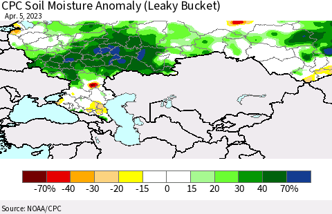 Russian Federation CPC Soil Moisture Anomaly (Leaky Bucket) Thematic Map For 4/1/2023 - 4/5/2023