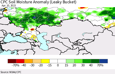 Russian Federation CPC Soil Moisture Anomaly (Leaky Bucket) Thematic Map For 4/6/2023 - 4/10/2023