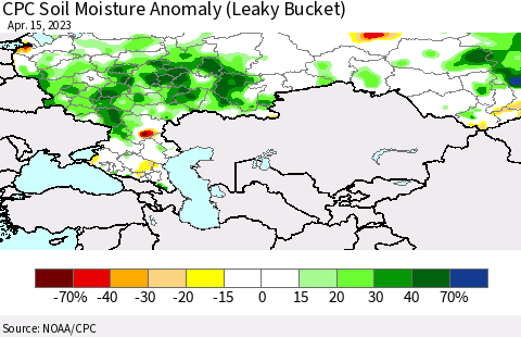 Russian Federation CPC Soil Moisture Anomaly (Leaky Bucket) Thematic Map For 4/11/2023 - 4/15/2023
