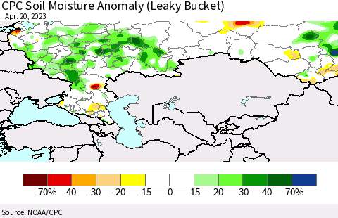 Russian Federation CPC Soil Moisture Anomaly (Leaky Bucket) Thematic Map For 4/16/2023 - 4/20/2023