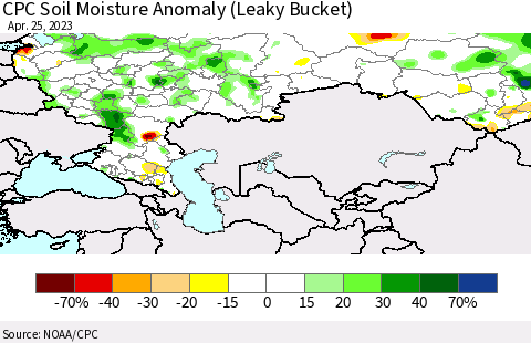Russian Federation CPC Soil Moisture Anomaly (Leaky Bucket) Thematic Map For 4/21/2023 - 4/25/2023
