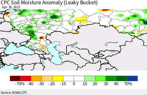Russian Federation CPC Soil Moisture Anomaly (Leaky Bucket) Thematic Map For 4/26/2023 - 4/30/2023