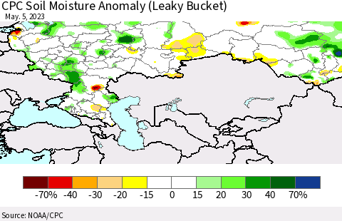 Russian Federation CPC Soil Moisture Anomaly (Leaky Bucket) Thematic Map For 5/1/2023 - 5/5/2023