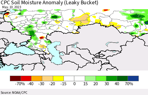 Russian Federation CPC Soil Moisture Anomaly (Leaky Bucket) Thematic Map For 5/6/2023 - 5/10/2023
