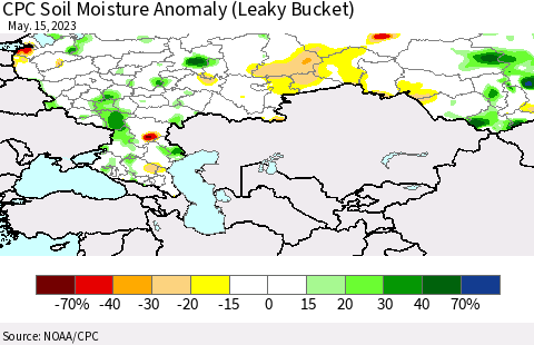 Russian Federation CPC Soil Moisture Anomaly (Leaky Bucket) Thematic Map For 5/11/2023 - 5/15/2023