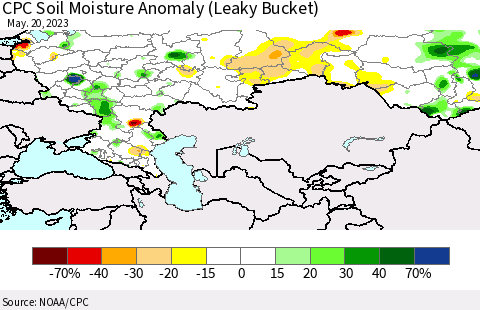 Russian Federation CPC Soil Moisture Anomaly (Leaky Bucket) Thematic Map For 5/16/2023 - 5/20/2023