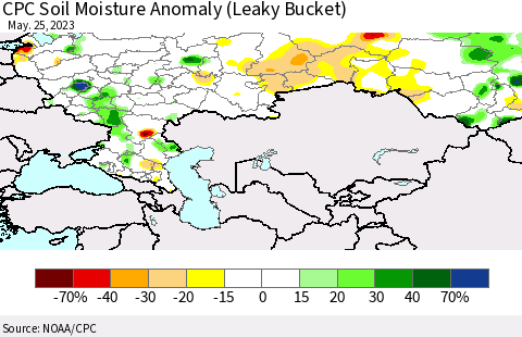 Russian Federation CPC Soil Moisture Anomaly (Leaky Bucket) Thematic Map For 5/21/2023 - 5/25/2023