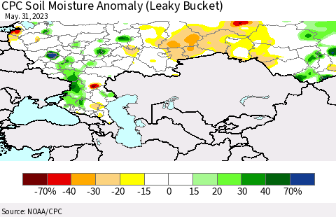 Russian Federation CPC Soil Moisture Anomaly (Leaky Bucket) Thematic Map For 5/26/2023 - 5/31/2023